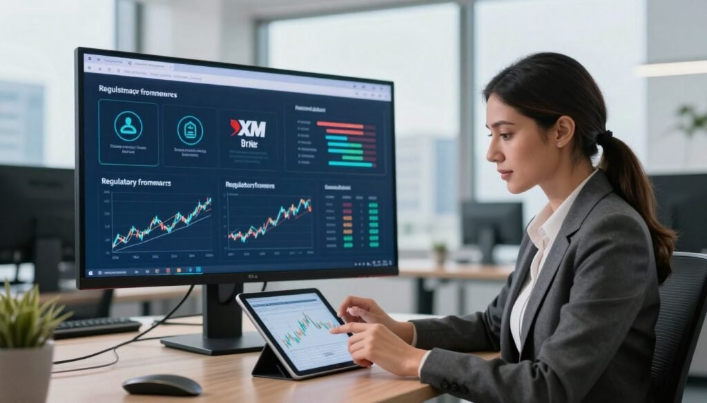 A modern, sleek office setting conveying a professional atmosphere related to forex trading. In the foreground, a confident businesswoman in professional attire is reviewing financial charts on a digital tablet, looking engaged and informed. In the middle, a large screen displays regulatory frameworks with visual elements like compliance icons and graphs, representing XM Broker's dedication to transparency and security in trading. The background features a city skyline visible through large windows, symbolizing XM's presence in India. Soft, natural lighting brightens the space, creating an inviting feel, while a slight angle emphasizes depth. The overall mood is focused, encouraging, and inspiring for potential traders.
