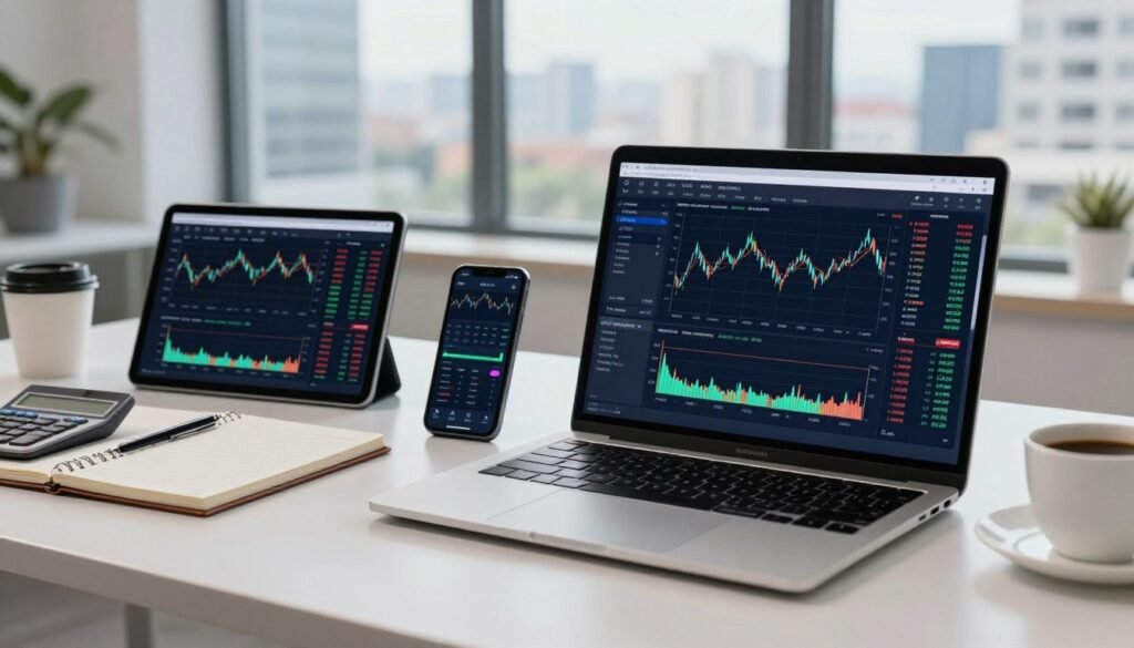 A professional and modern workspace depicting XM trading instruments. In the foreground, showcase a sleek laptop displaying a dynamic trading interface with charts and graphs representing real-time financial data. Surround the laptop with a high-quality tablet and smartphone that also display trading information. In the middle ground, there are stylish office accessories like a notepad, a calculator, and a cup of coffee, suggesting an active trading environment. The background features a large window with a cityscape view, letting in natural light that creates a bright and optimistic atmosphere. Use soft lighting to enhance a professional mood. The scene should be devoid of any text or distractions, focusing on the tools of modern trading for XM. A professional and modern workspace depicting XM trading instruments. In the foreground, showcase a sleek laptop displaying a dynamic trading interface with charts and graphs representing real-time financial data. Surround the laptop with a high-quality tablet and smartphone that also display trading information. In the middle ground, there are stylish office accessories like a notepad, a calculator, and a cup of coffee, suggesting an active trading environment. The background features a large window with a cityscape view, letting in natural light that creates a bright and optimistic atmosphere. Use soft lighting to enhance a professional mood. The scene should be devoid of any text or distractions, focusing on the tools of modern trading for XM.