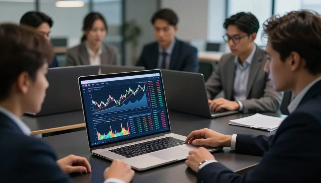 A sleek and modern trading platform interface displayed on a laptop screen, foreground featuring a diverse group of professionals in business attire intensely analyzing market trends. In the middle ground, graphs and charts illustrate real-time data with vibrant colors against a dark, polished desk surface. The background reveals a contemporary office setting with soft, ambient lighting that enhances a focused atmosphere. The camera angle is slightly overhead, capturing the dynamic interactions between the individuals and the technology. The mood is one of concentration and ambition, reflecting the seriousness of trading while inviting viewers into the world of finance and investment. A sleek and modern trading platform interface displayed on a laptop screen, foreground featuring a diverse group of professionals in business attire intensely analyzing market trends. In the middle ground, graphs and charts illustrate real-time data with vibrant colors against a dark, polished desk surface. The background reveals a contemporary office setting with soft, ambient lighting that enhances a focused atmosphere. The camera angle is slightly overhead, capturing the dynamic interactions between the individuals and the technology. The mood is one of concentration and ambition, reflecting the seriousness of trading while inviting viewers into the world of finance and investment.