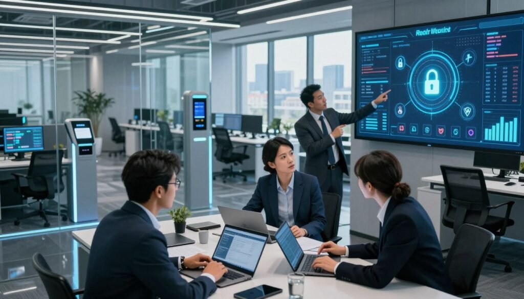 A sleek, modern office environment, showcasing advanced security measures for trading. In the foreground, a professional, diverse team of three individuals, dressed in business attire, discussing strategies and analyzing data on laptops and tablets. One person points to a large digital display, highlighting real-time security protocols with glowing icons of locks and shields. In the middle ground, sleek glass partitions separate areas with high-tech security systems, including biometric scanners and surveillance monitors. The background features city skyline views through large windows, bathed in soft, natural light. The mood is dynamic and focused, conveying trust and professionalism, highlighting XM's commitment to secure trading. The image is captured from a slightly elevated angle, creating depth and perspective.